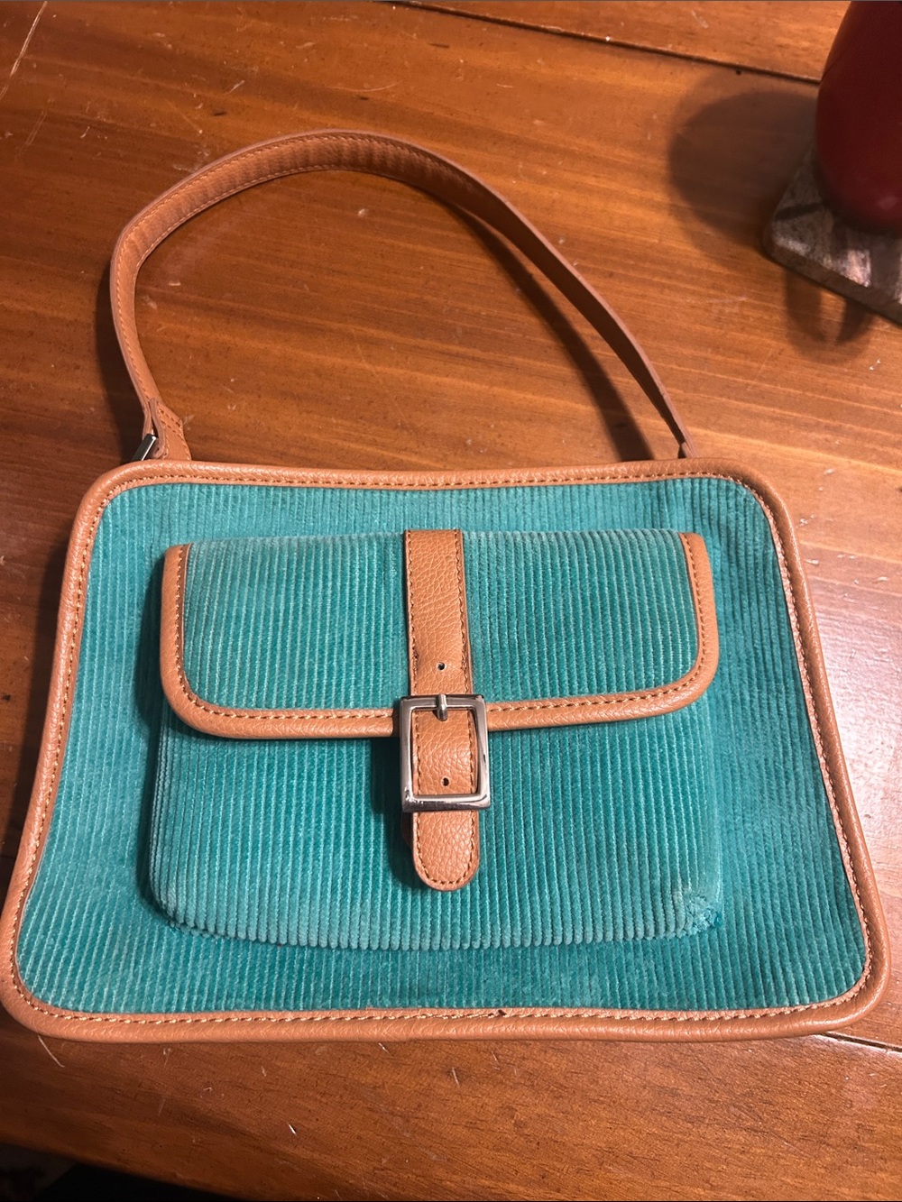 Leather-Trim Teal Corduroy Shoulder Bag Bath and Body Works